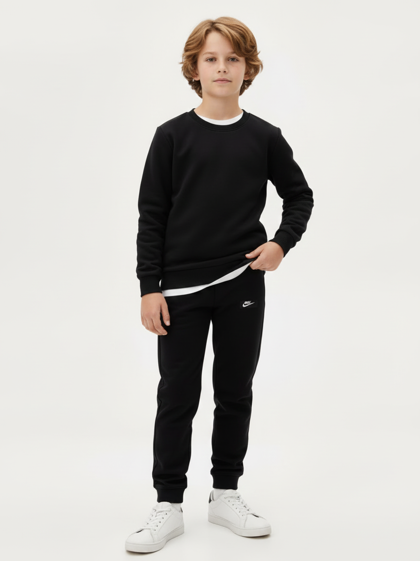NK Terry Fleece Tracksuit For Kids-Black-NKS01