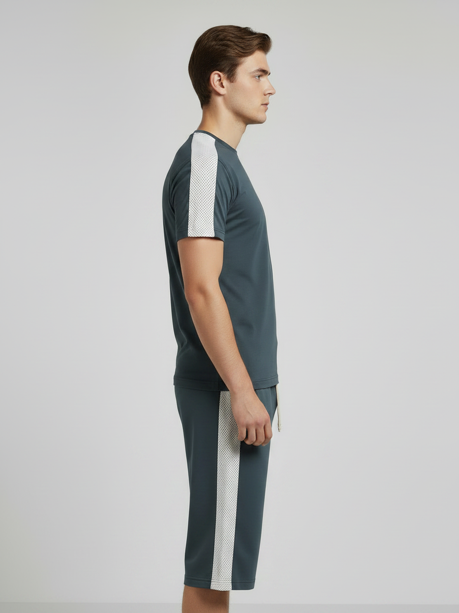 Summer Co Ord Set For Men-Dark Grey & White Panel-BE3200