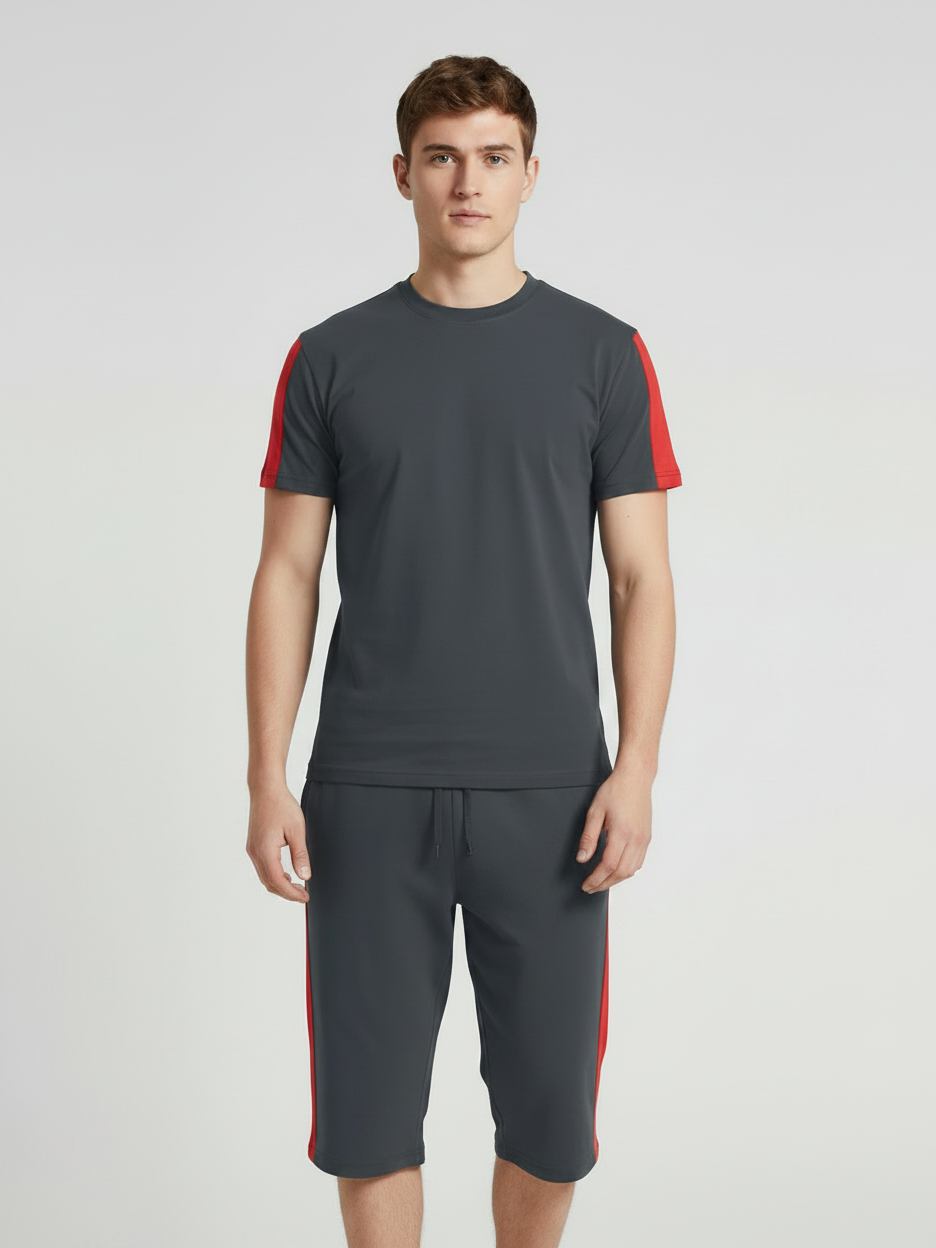 Summer Co Ord Set For Men-Dark Grey & Red-BE9448