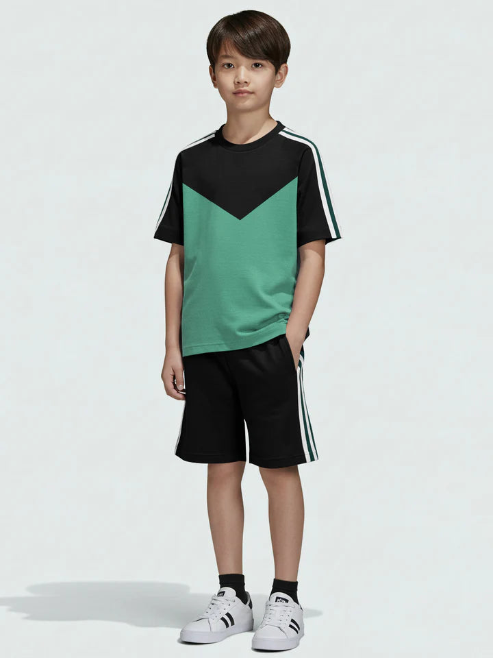 Ads Summer T Shirt & Short Suit For Kids-Mint Green with Black & Green, White Stripe-BE3299/BR15737