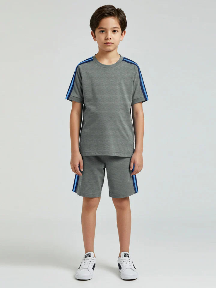 Ads Summer T Shirt & Short Suit For Kids-Slate Green with Texture & Blue, Sky Stripe-BE3304/BR15742