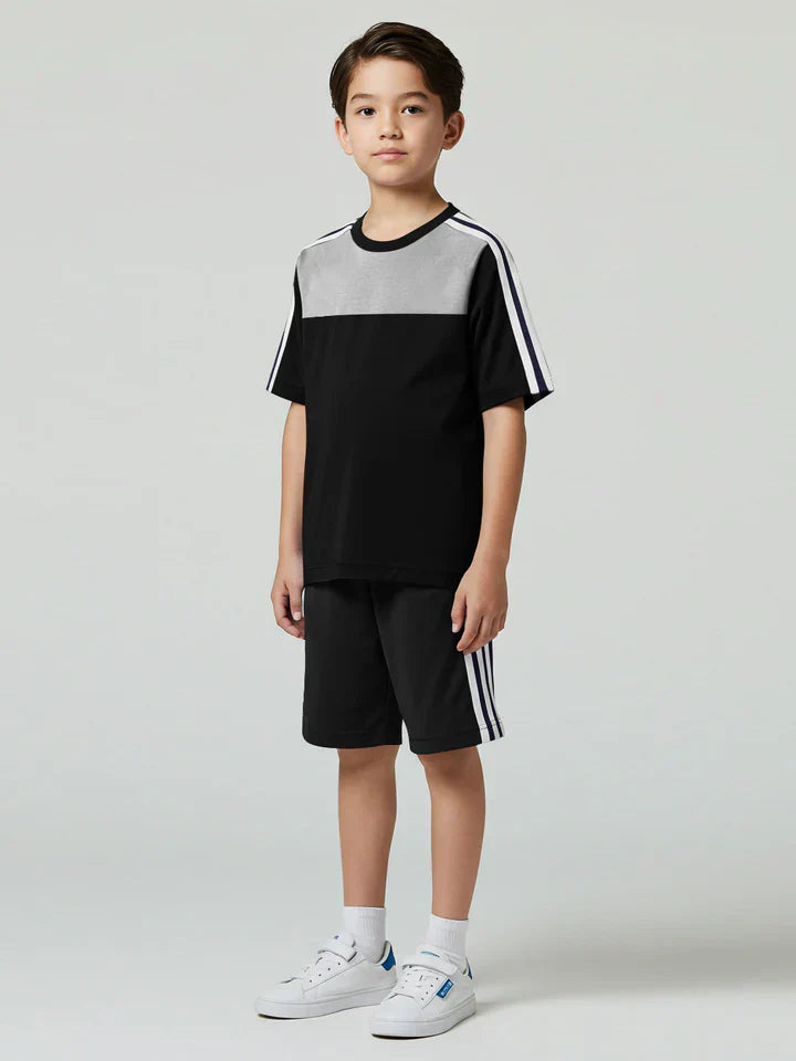 Ads Summer T Shirt & Short Suit For Kids-Black with Grey Melnage & White, Black Stripe-BE3284/BR15722