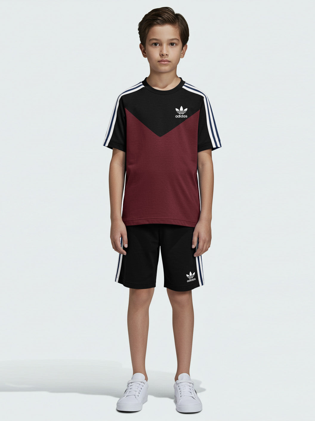 Ads Summer T Shirt & Short Suit For Kids-Black with Burgundy & White, Navy Stripe-BE3281/BR15719