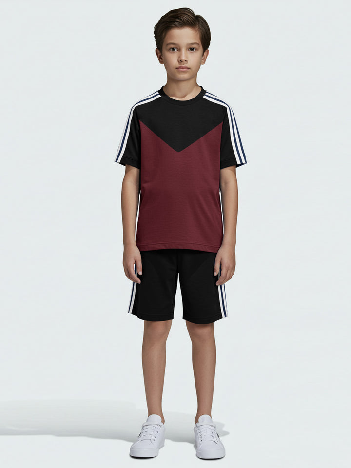 Ads Summer T Shirt & Short Suit For Kids-Black with Burgundy & White, Navy Stripe-BE3281/BR15719