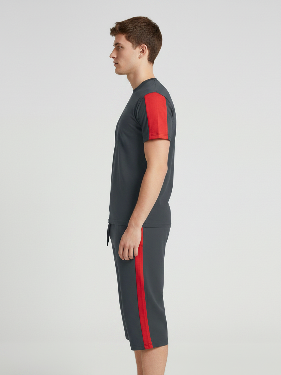 Summer Co Ord Set For Men-Dark Grey & Red-BE9448