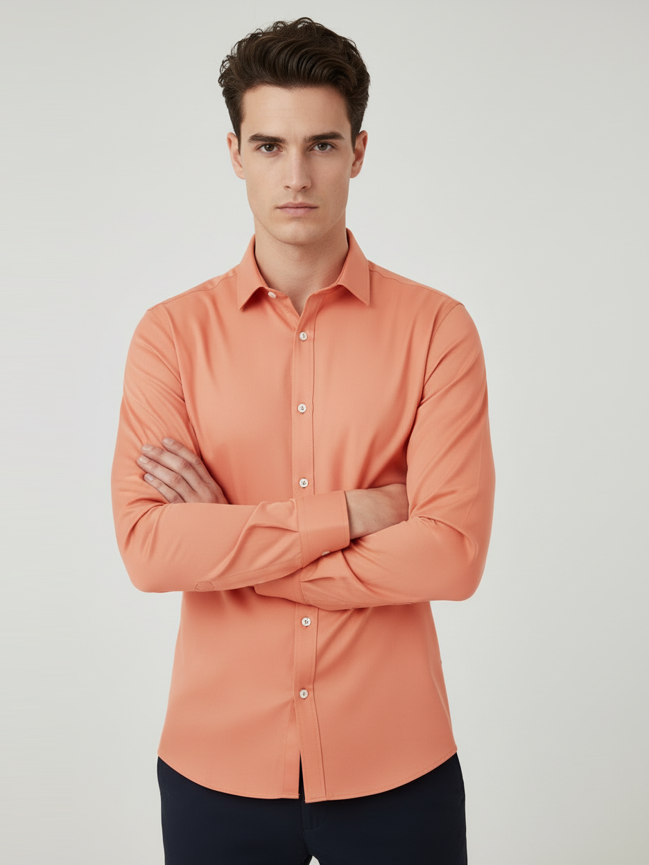 Rawgear 4 Side Lycra Slim Fit Long Sleeve Casual Shirt For Men-Peach-RG12