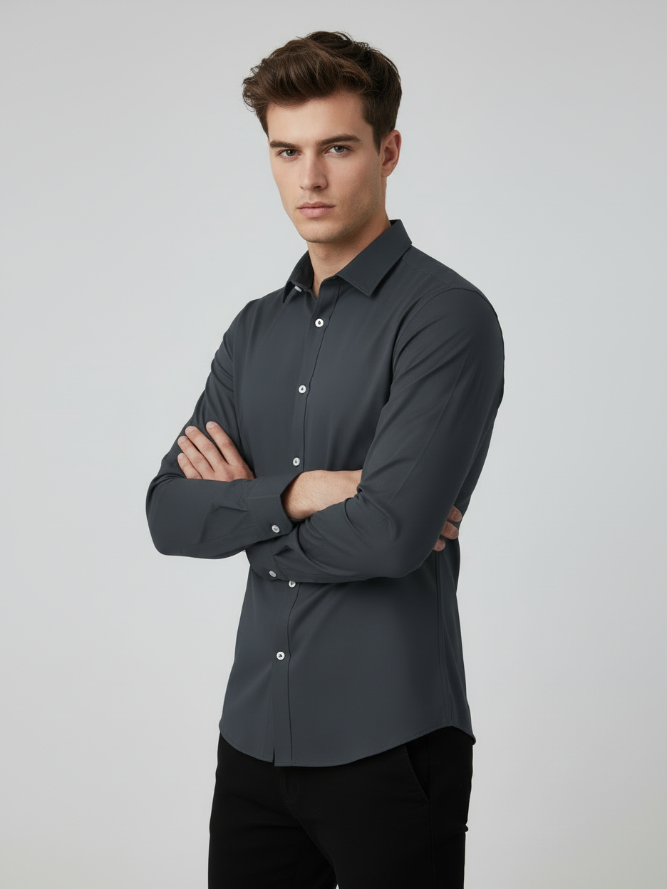 Rawgear 4 Side Lycra Slim Fit Long Sleeve Casual Shirt For Men-Dark Grey-RG11