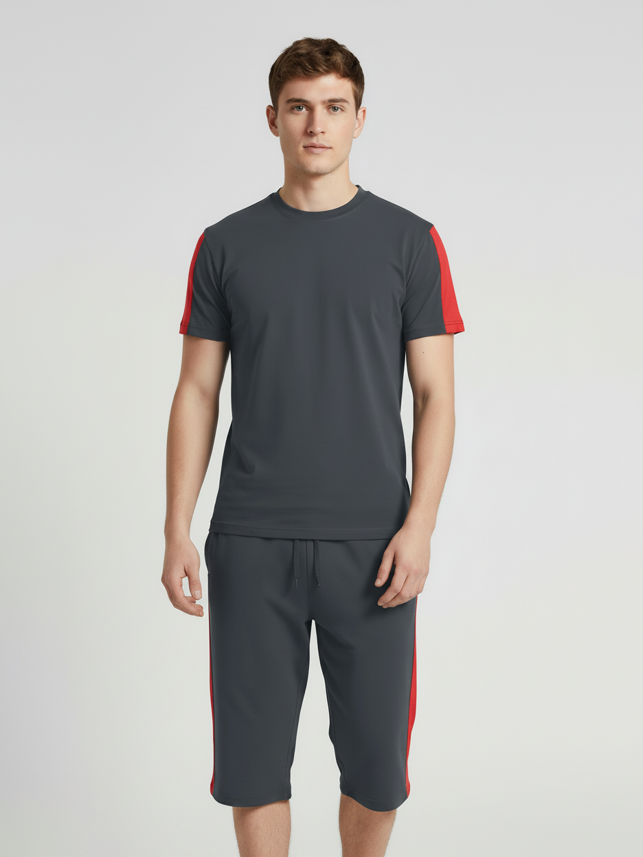 Summer Co Ord Set For Men-Dark Grey & Red-BE9448