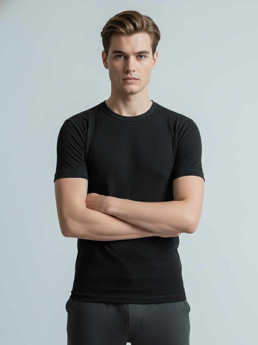 Half Sleeve Thermal Warmer Shirt For Men-Black-TVS06
