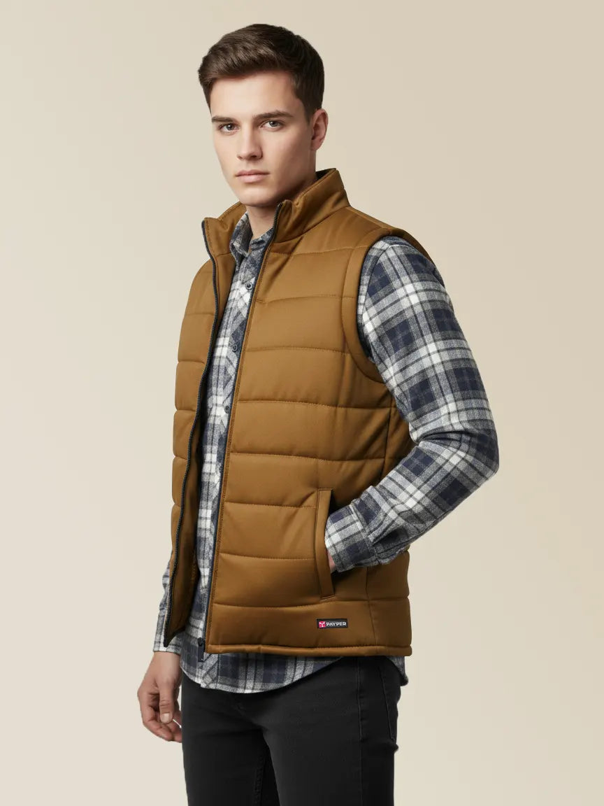 Payper Puffer Sleeveless Zipper Mockneck Jacket For Men-Brown-PH19