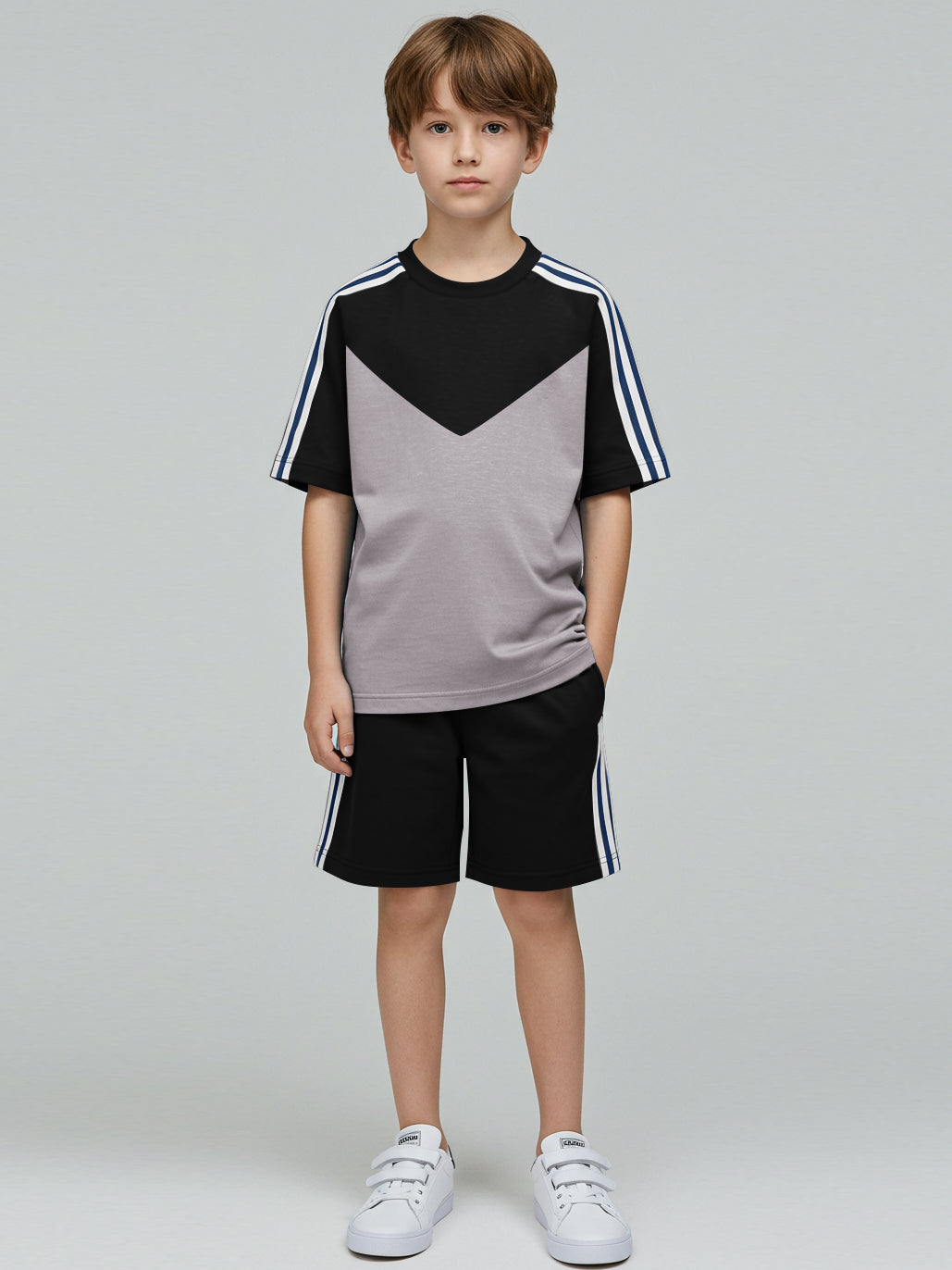 Summer T Shirt & Short Suit For Kids-Chalk Grey & Black with White,Navy Stripe-BE3310/BR15748