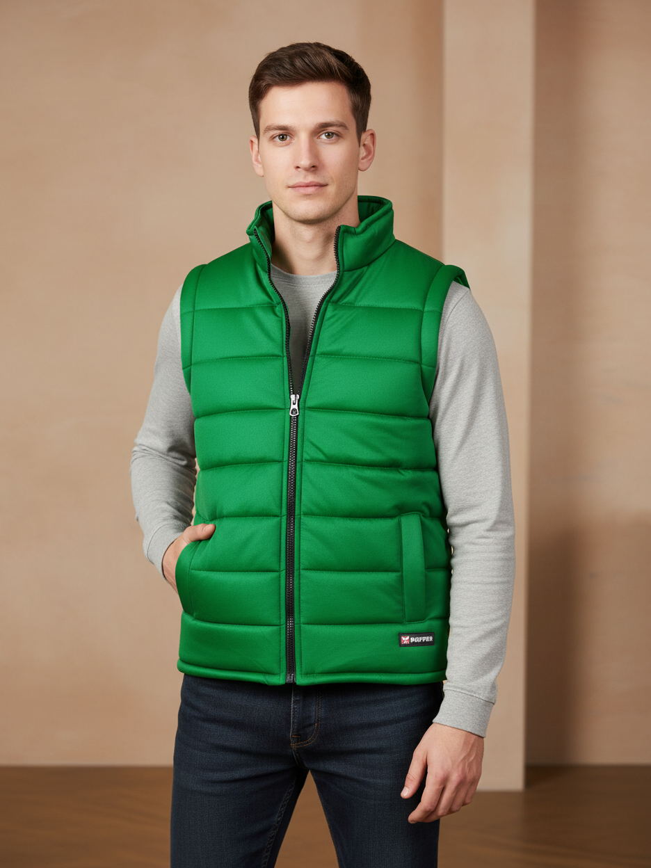 Payper Winter Sleeveless Zipper Mockneck Jacket For Men-Emerald Green-PH42