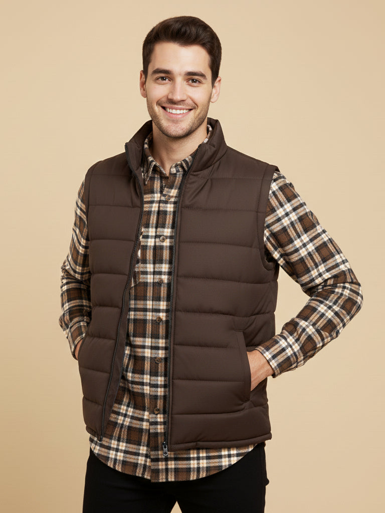 Payper Puffer Sleeveless Zipper Mockneck Jacket For Men-Chocolate-PH24