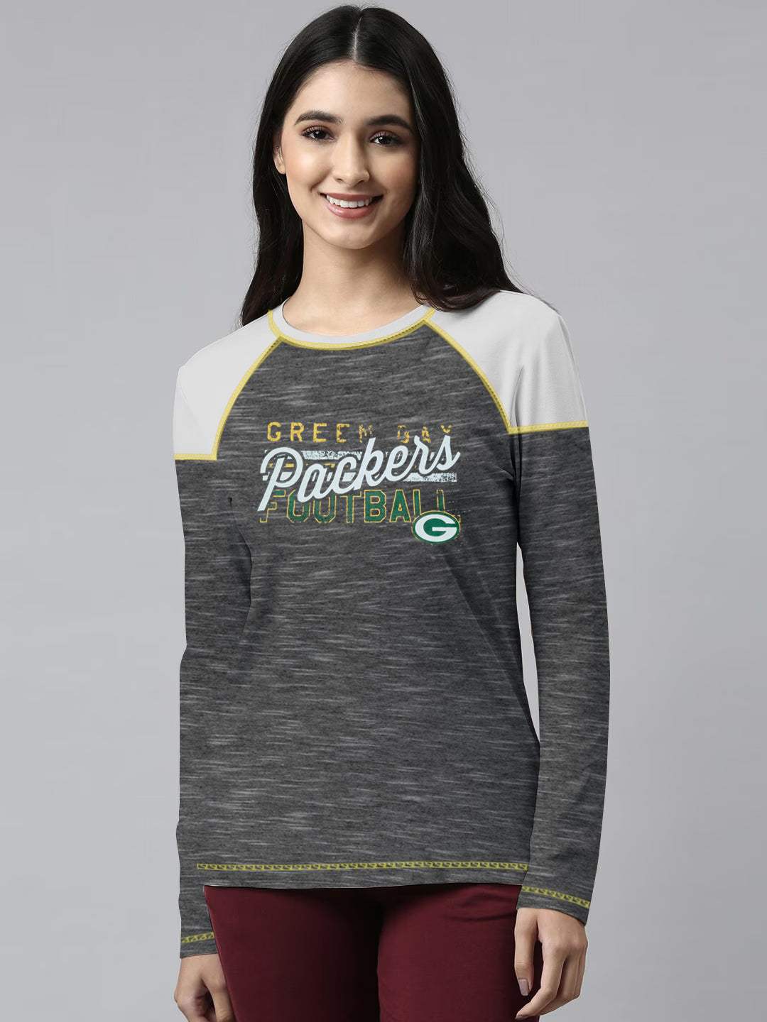 NFL Long Sleeve Crew Neck Tee Shirt For Ladies-Grey Melange & White-SP2035