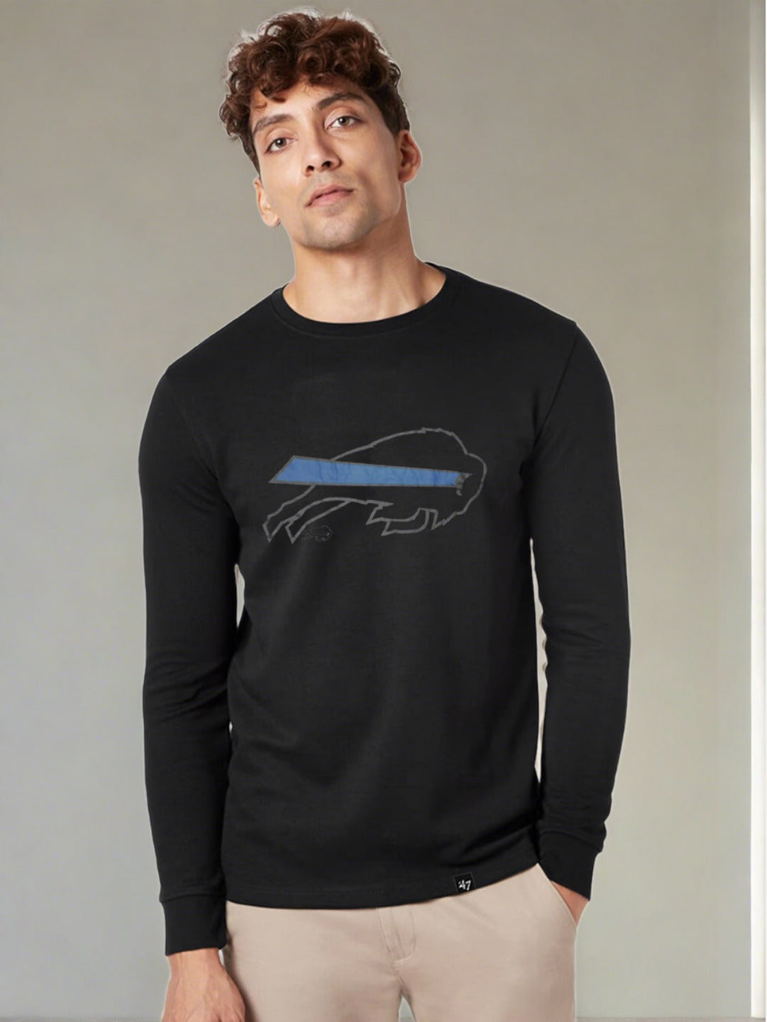 47 Single Jersey Crew Neck Long Sleeve Shirt For Men-Black with Print-SP2027