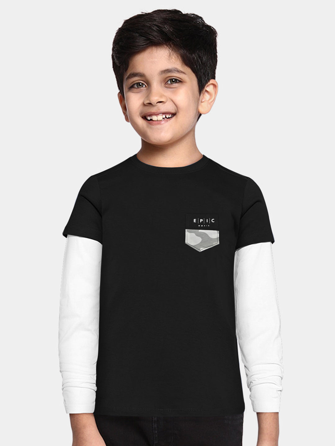 Maxx Crew Neck Long Sleeve Single Jersey Tee Shirt For Kids-Black & White-SP207/RT2114