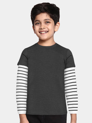 Maxx Crew Neck Long Sleeve Single Jersey Tee Shirt For Kids-Charcoal & White-SP6395