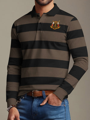 Louis Vicaci Long Sleeve Polo Shirt For Men-Brown with Black Stripe-BE75/BR897