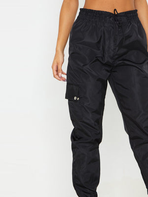 Cuffed Hem Shell Side Pockets Jogger Trouser For Ladies-Black-SP3339