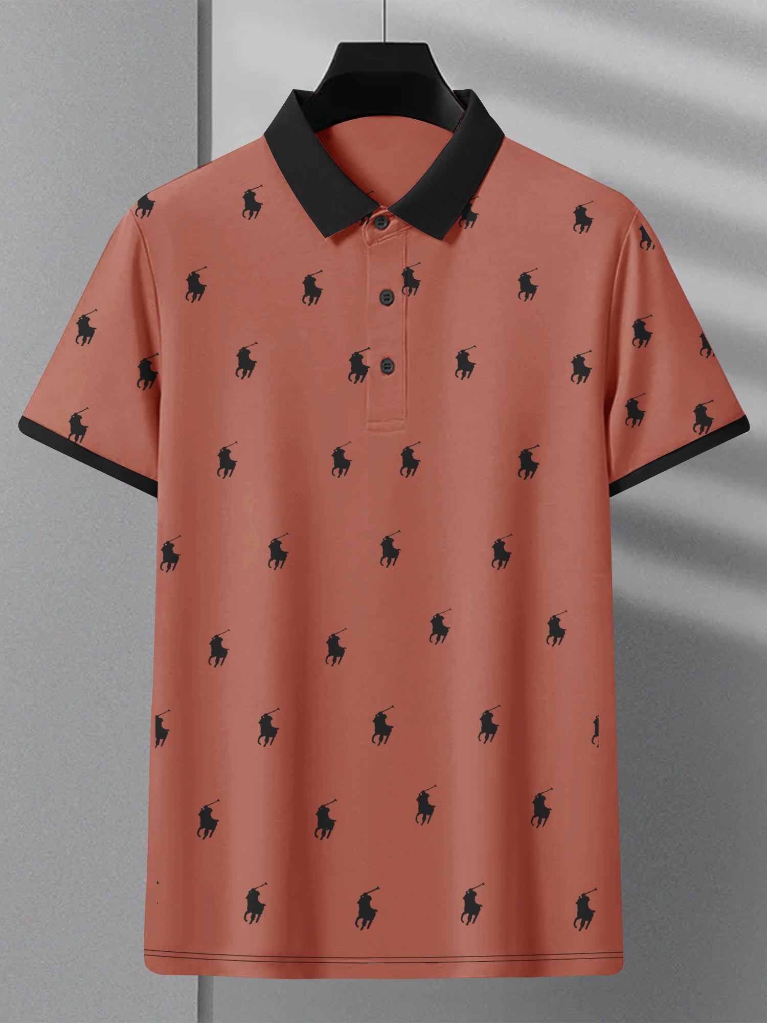 PRL Summer Polo Shirt For Men-Coral Orange with Allover Print-SP1449/RT2337