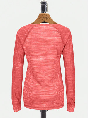 Majestic Lead Play Long Sleeve Split Neck Tee Shirt For Ladies-Carrot Red Melange-SP1994