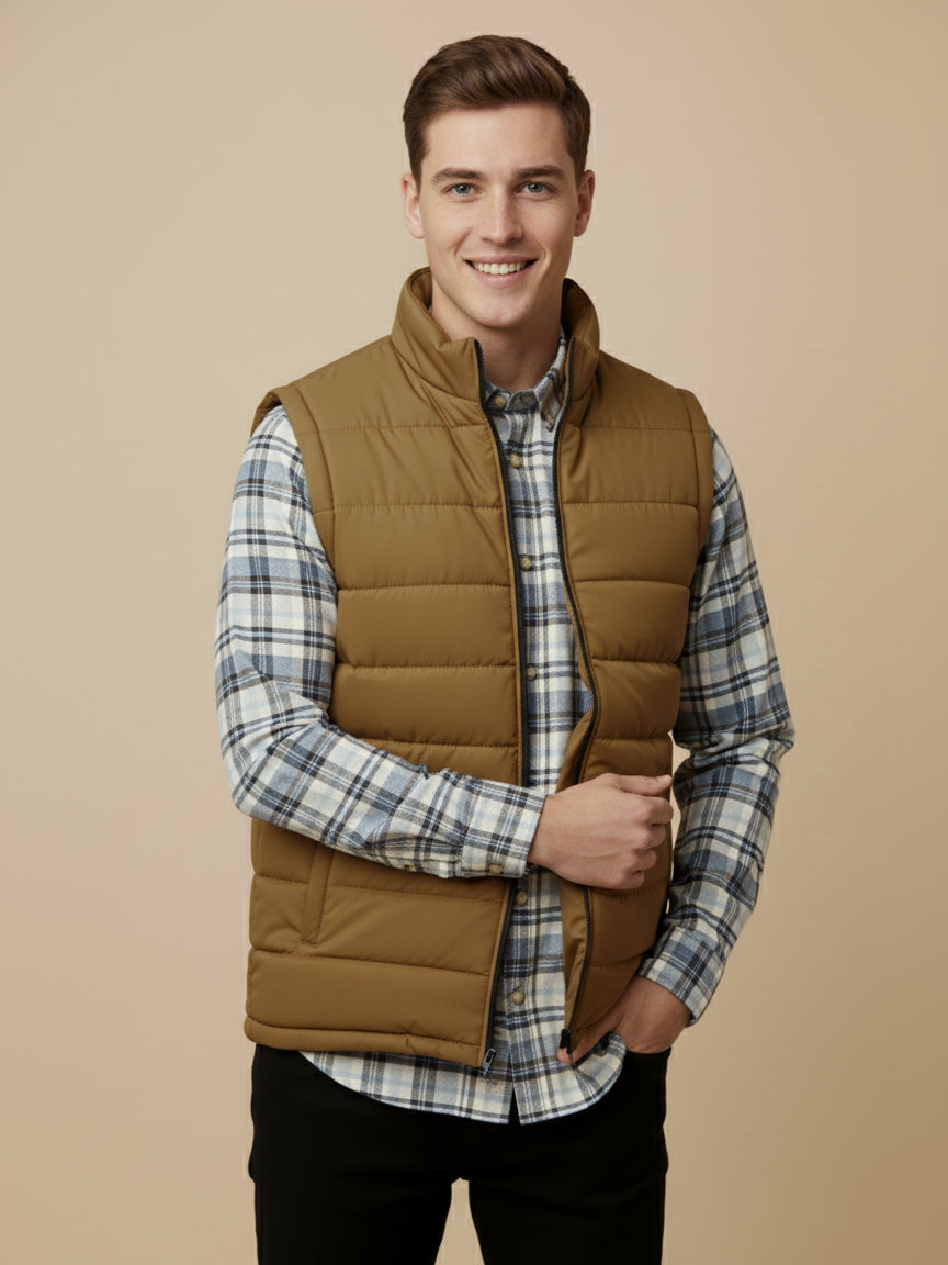 Payper Puffer Sleeveless Zipper Mockneck Jacket For Men-Light Brown-PH25