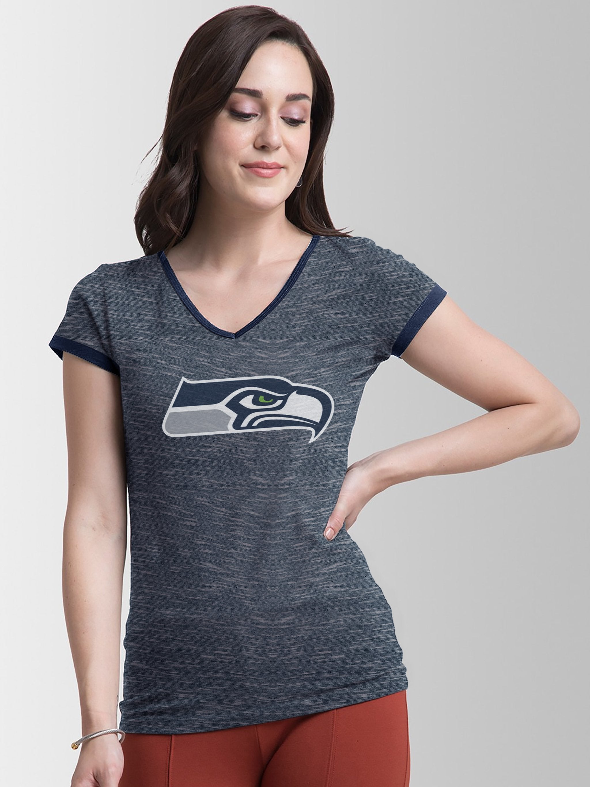 NFL Single Jersey Boxy V Neck Tee Shirt For Ladies-Navy Melange-SP1968