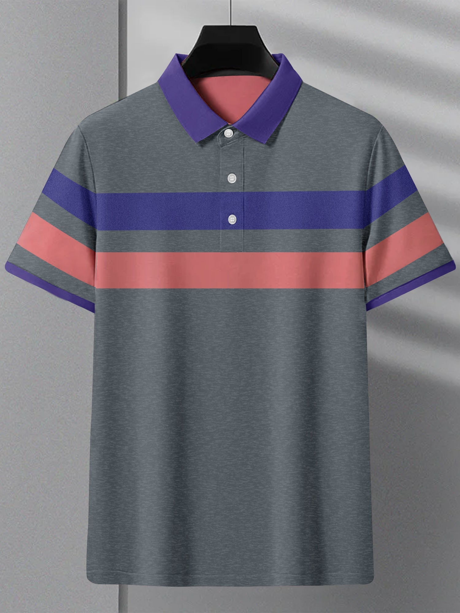 NXT Summer Polo Shirt For Men-Slate Blue Melange with Purple & Pink Stripe-SP1448/RT2336
