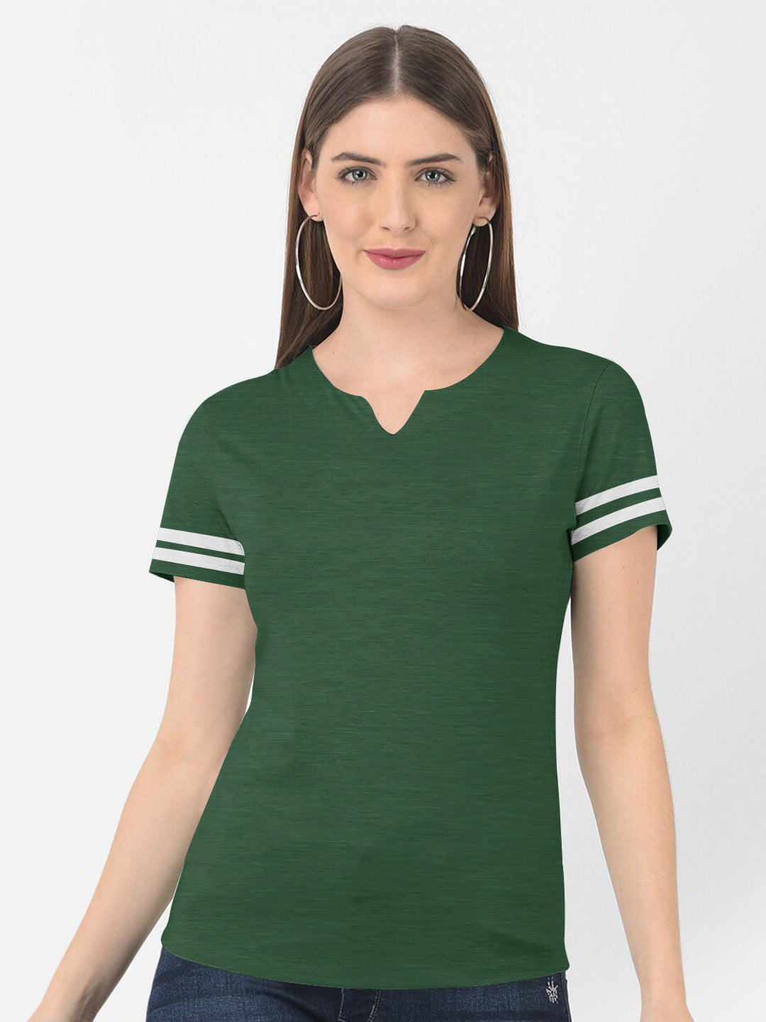 Majestic V Neck Half Sleeve Tee Shirt For Ladies-Green Melange-SP1977