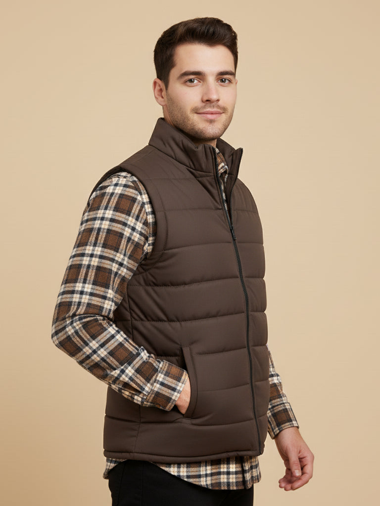 Payper Puffer Sleeveless Zipper Mockneck Jacket For Men-Chocolate-PH24