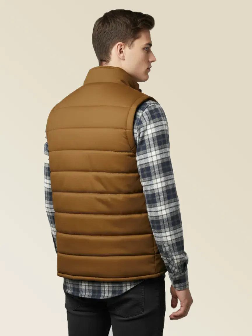Payper Puffer Sleeveless Zipper Mockneck Jacket For Men-Brown-PH19