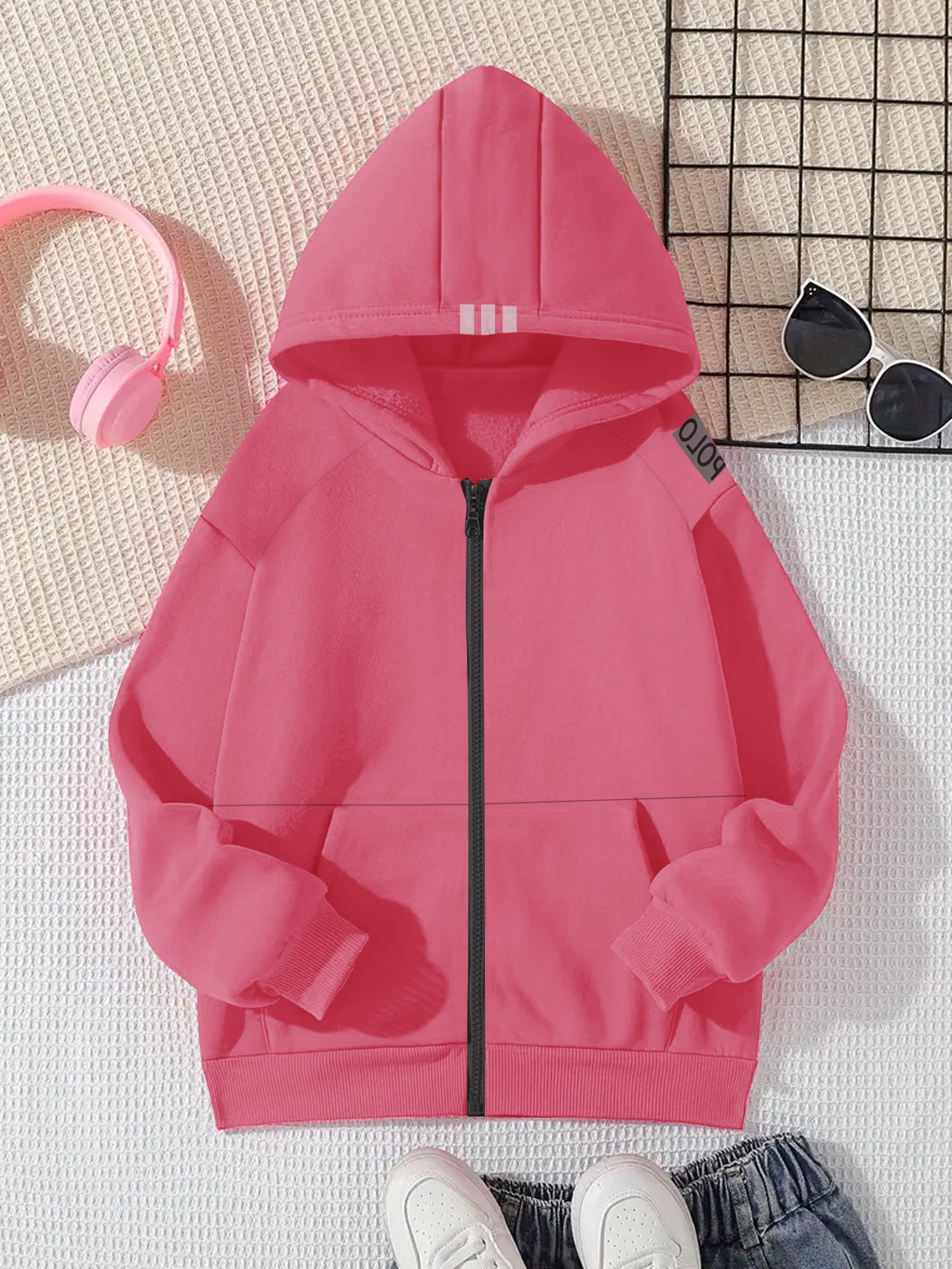 Nyc Polo Raglan Sleeve Fleece Zipper Hoodie For Kids Pink SP1239 RT230 BrandsEgo