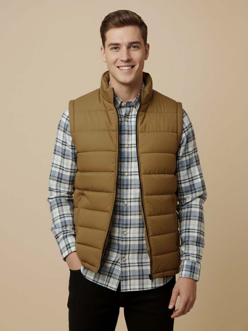 Payper Puffer Sleeveless Zipper Mockneck Jacket For Men-Light Brown-PH25
