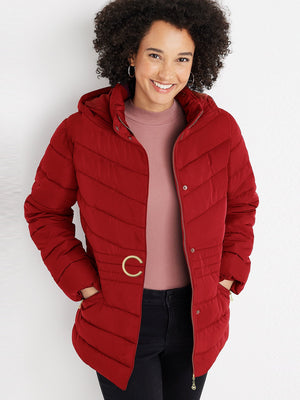 Cinched Waist Puffer Hoodie Jacket For Women-Red-BR201