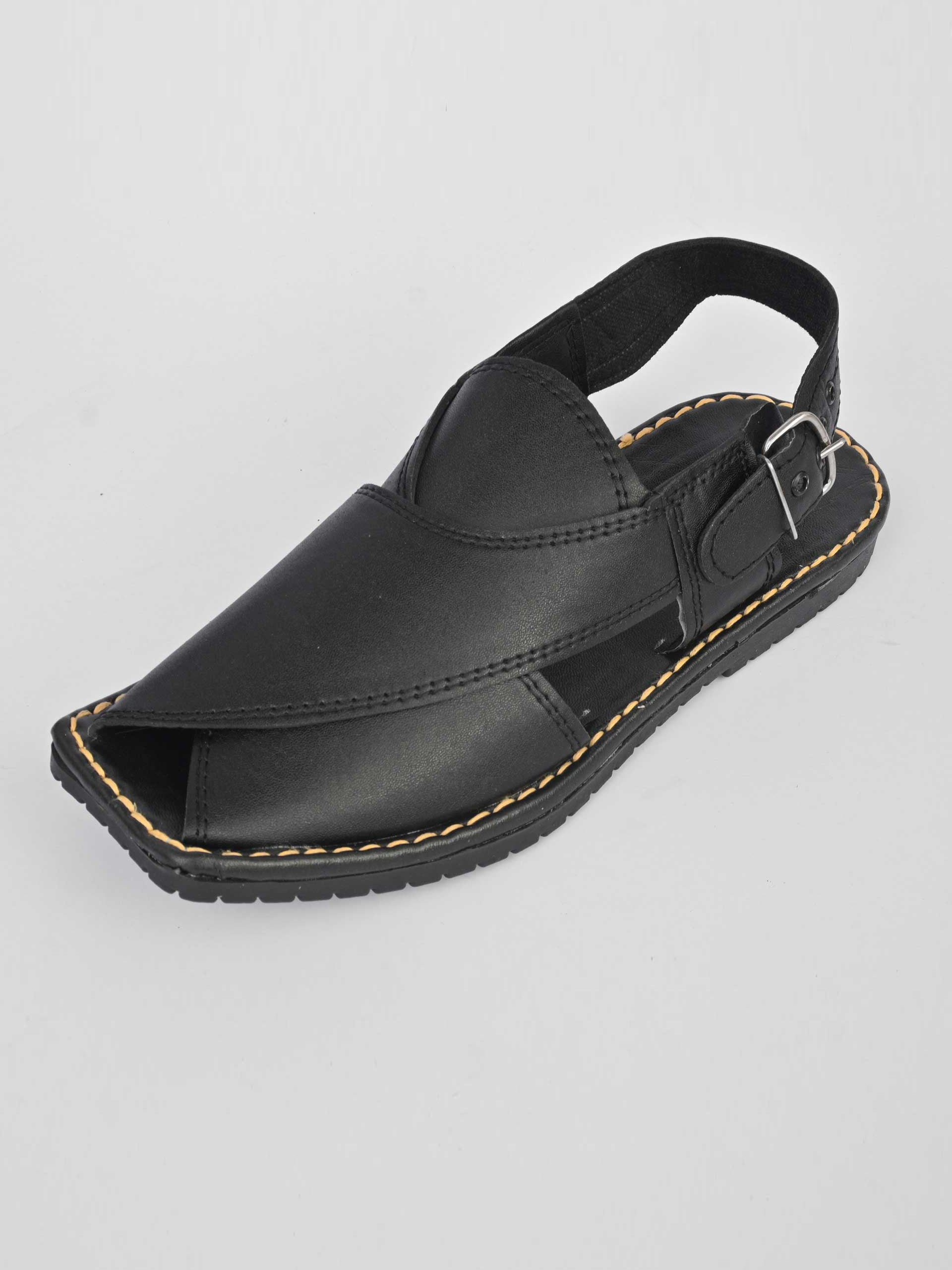 Men's Double Stitch Design Peshawari Chappal-Black-RT1981