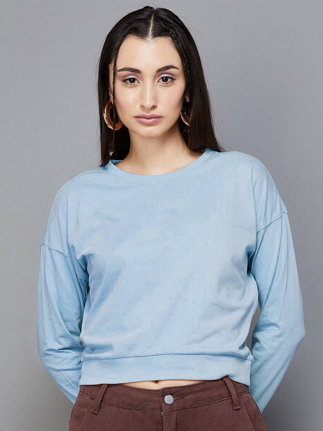 New Look Crew Neck Fleece Short Length Sweatshirt For Ladies-Sky Blue-SP3366