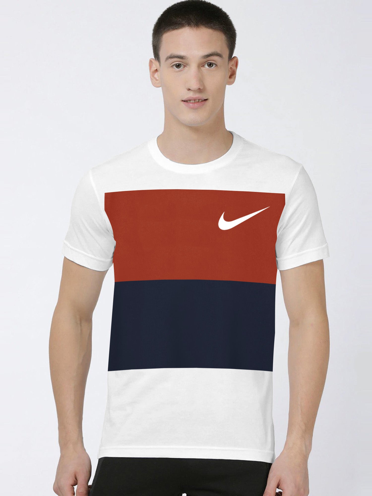 NK Crew Neck Single Jersey Tee Shirt For Men-White with Panels-SP2324