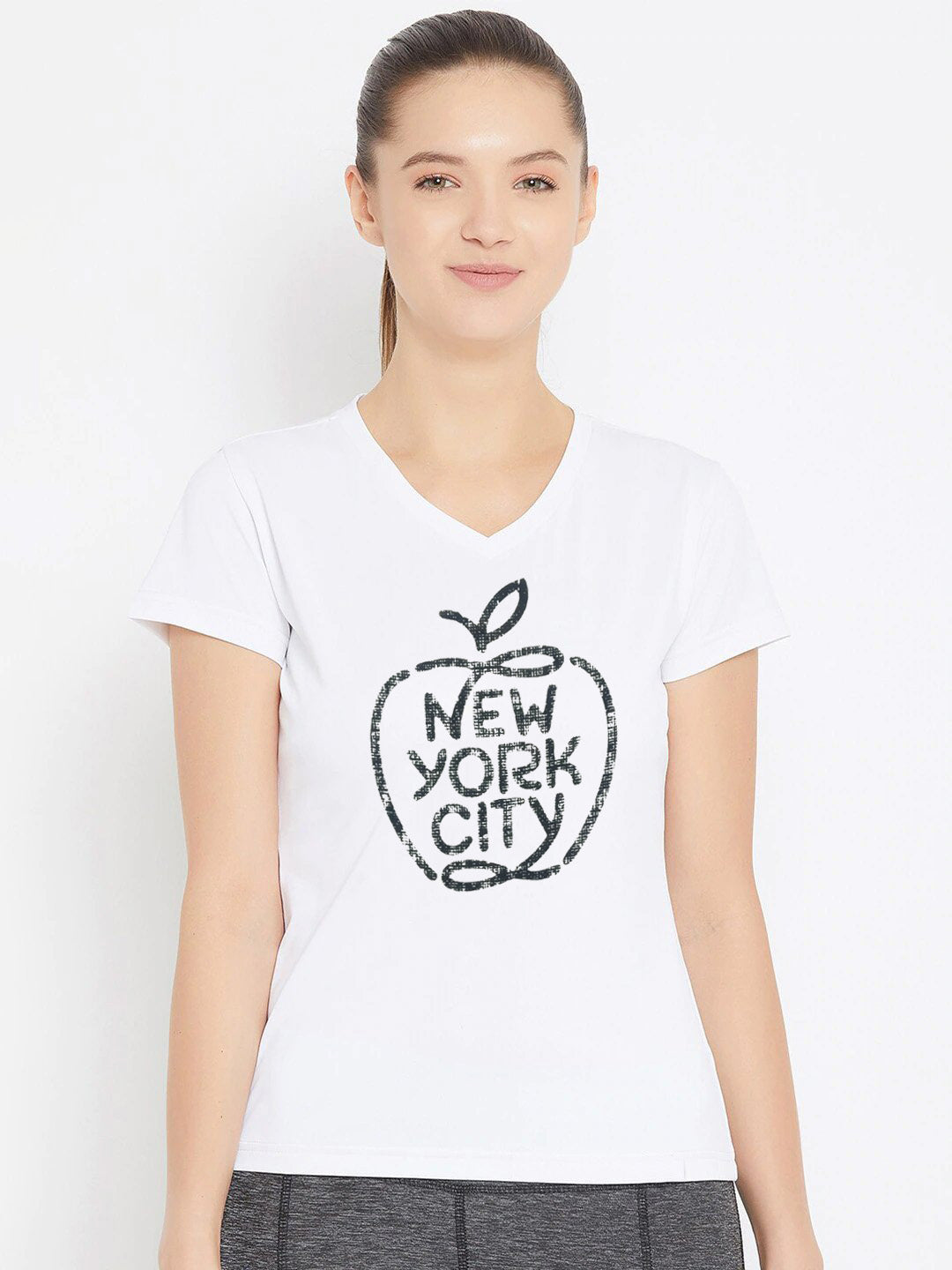 Okey Dokey V Neck T Shirt For Women-White with Print-SP3156