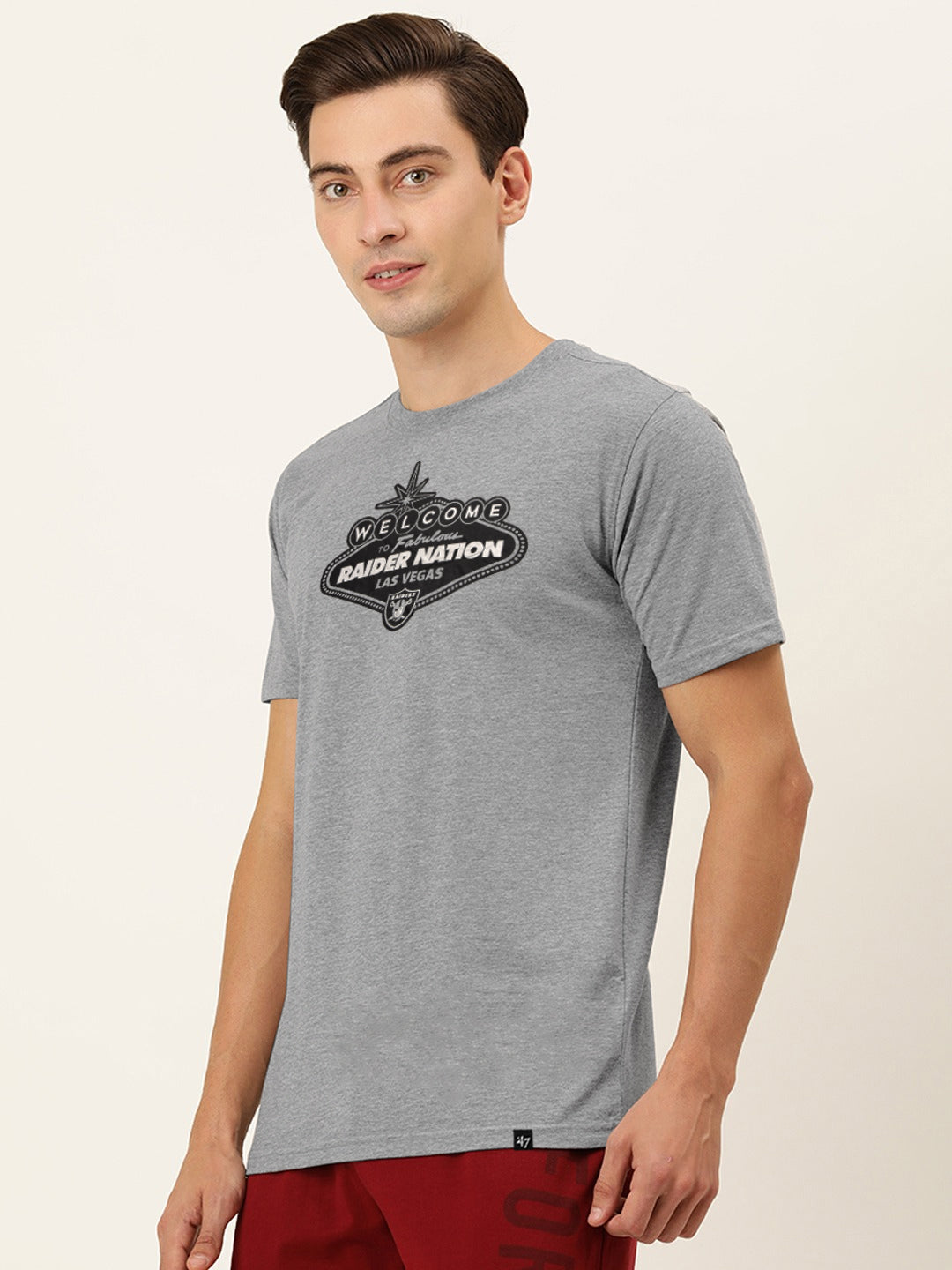 47 Crew Neck Half Sleeve Tee Shirt For Men-Grey Melange with Print-BE1099