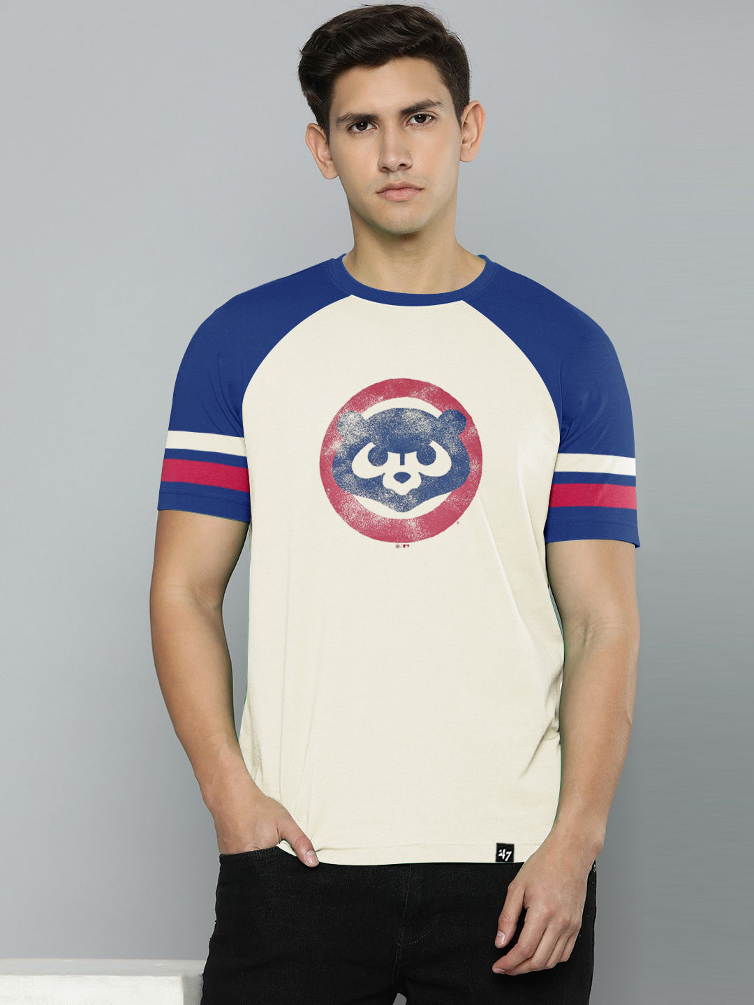 47 Crew Neck Half Sleeve Tee Shirt For Men-Off Whtie with Blue-BE1149