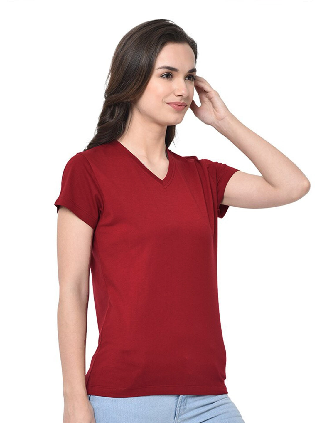 47 V Neck Half Sleeve Tee Shirt For Women-Red-BE3171