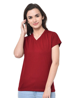 47 V Neck Half Sleeve Tee Shirt For Women-Red-BE3171