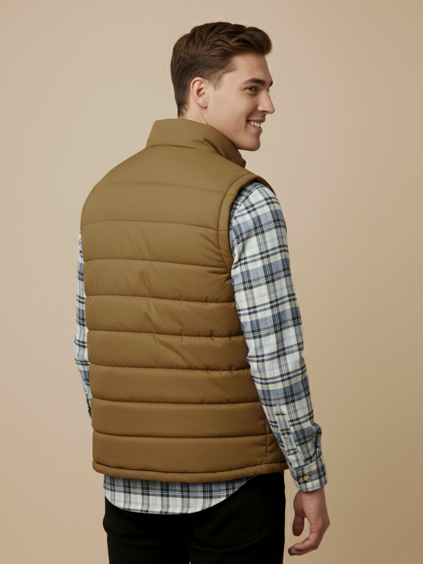 Payper Puffer Sleeveless Zipper Mockneck Jacket For Men-Light Brown-PH25