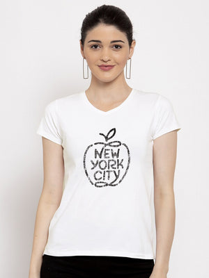 Okey Dokey V Neck T Shirt For Women-White With Print-SP2365