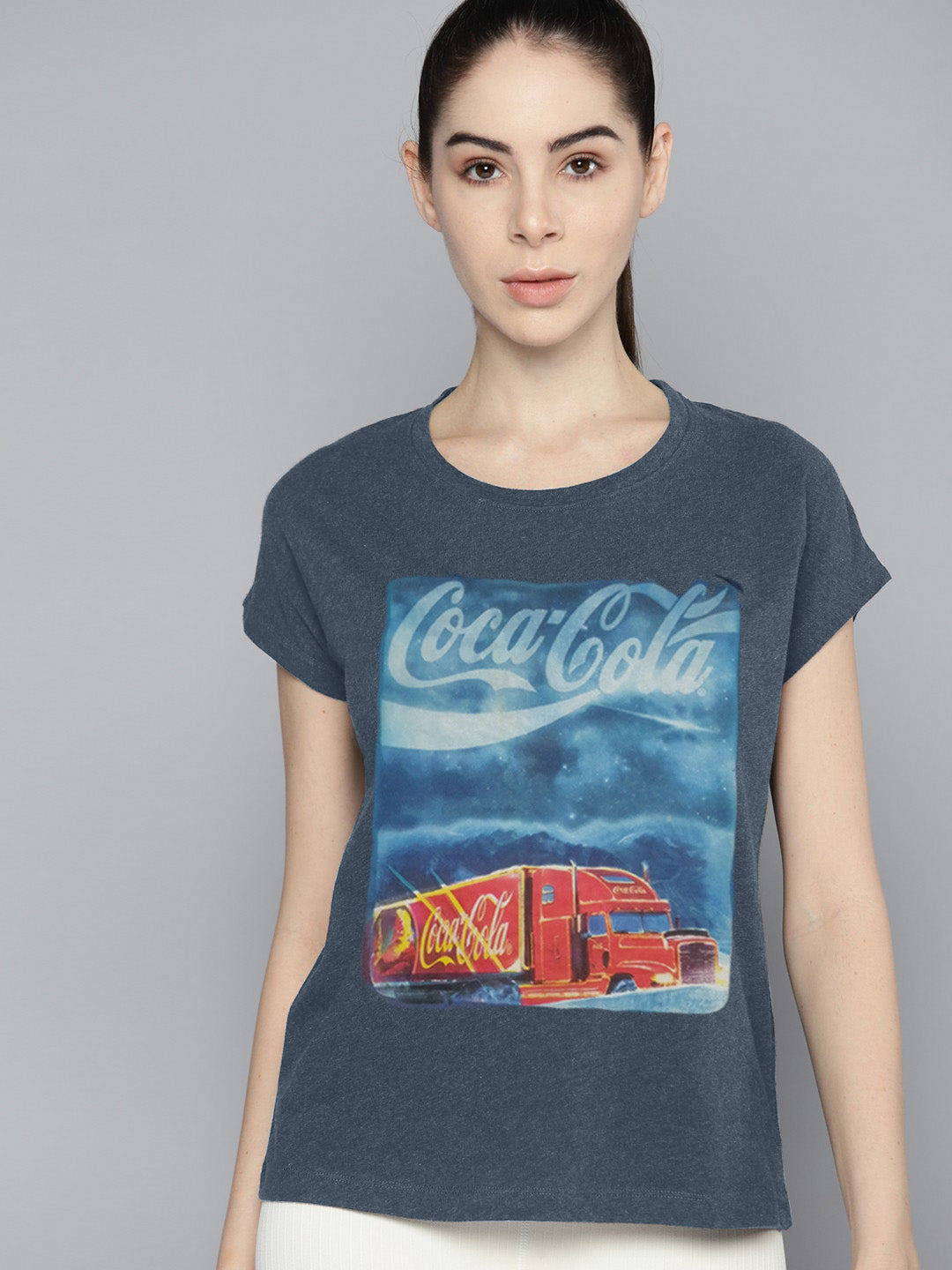 Coca Cola Crew Neck Tee Shirt For Ladies-Blue Melange-SP3157