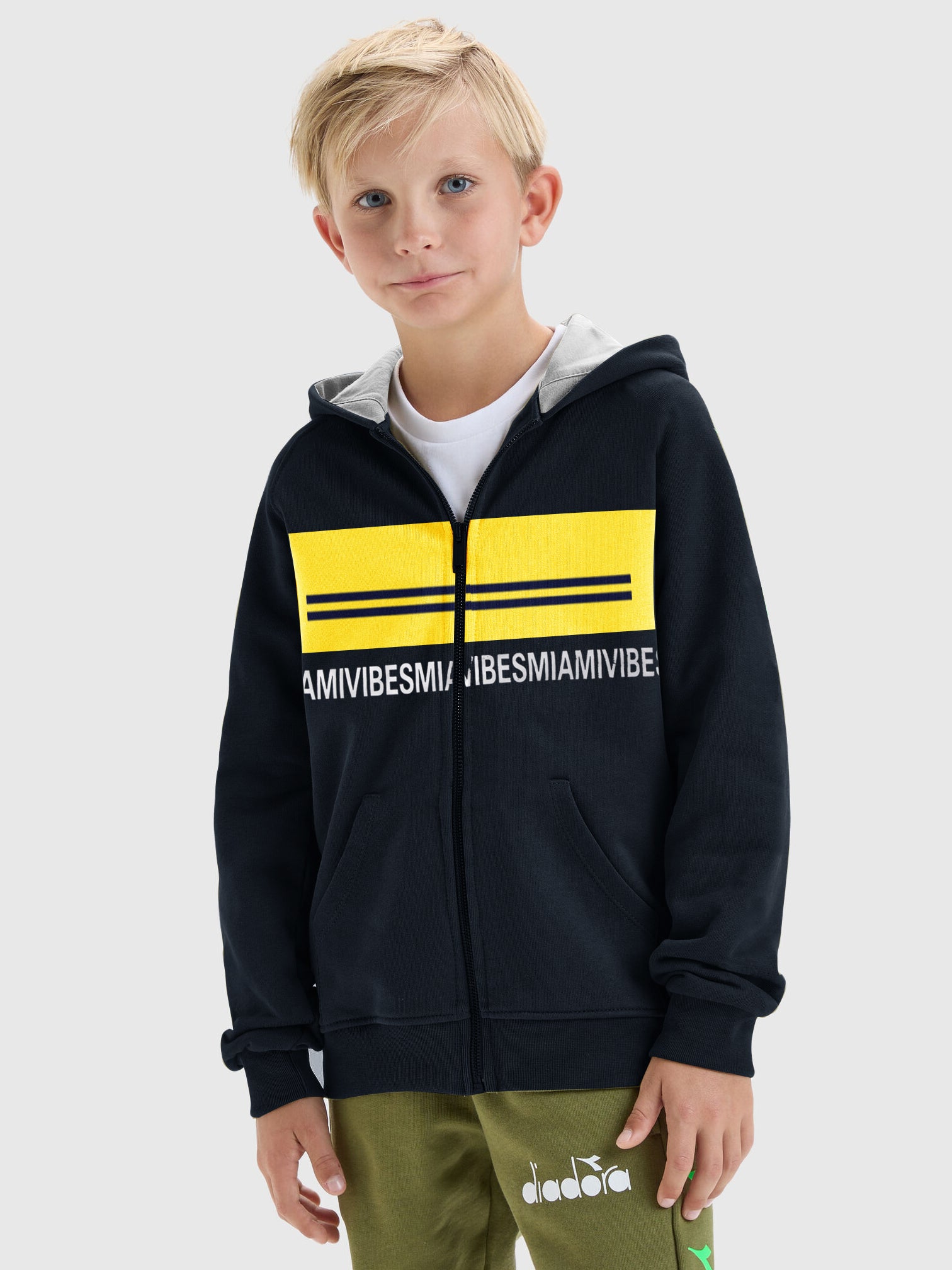 Miami Vibes Stylish Inner Fur Zipper Hoodie For Kids-Navy With Lime Yellow Panel-SP1174/RT2292