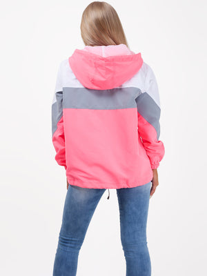 Rising Lightweight Festival Windcheater Hoodie For Ladies-Neon Pink & White-SP3302