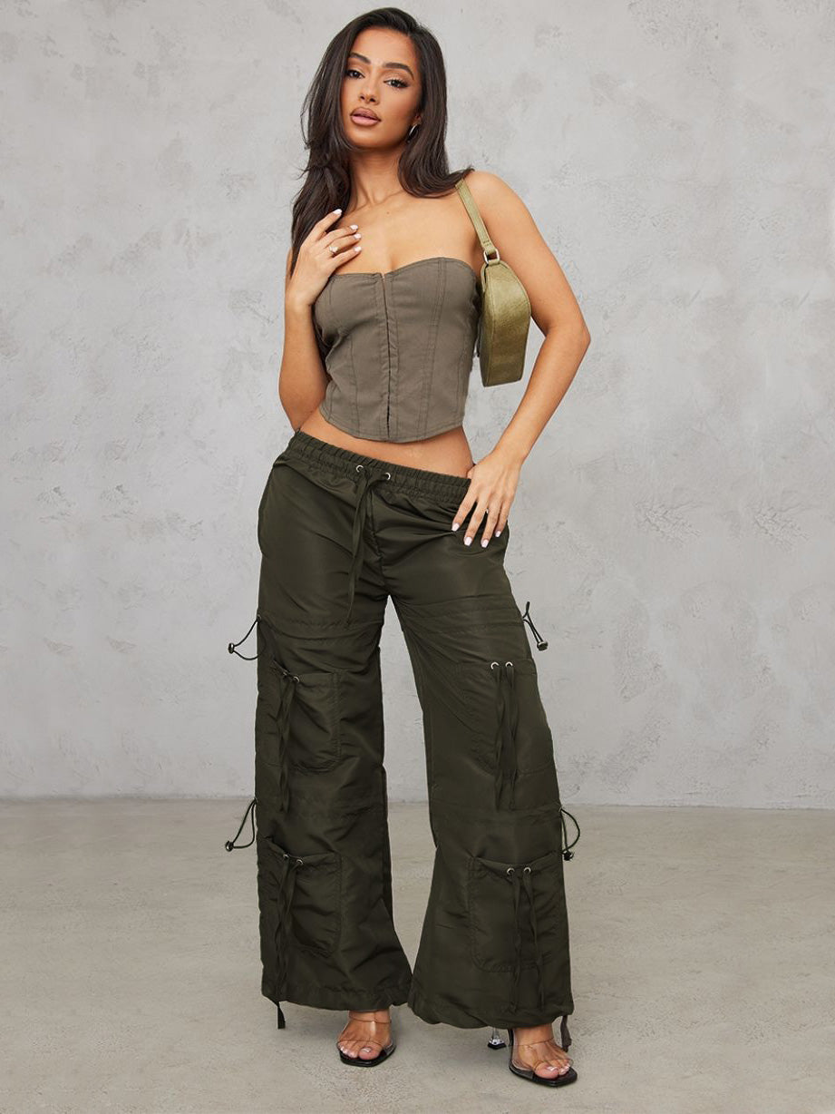 PLT Petite Toggle Detail Parachute Trouser For Ladies-Dark Olive-SP3338