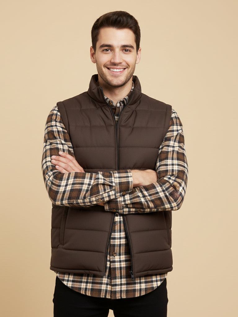 Payper Puffer Sleeveless Zipper Mockneck Jacket For Men-Chocolate-PH24