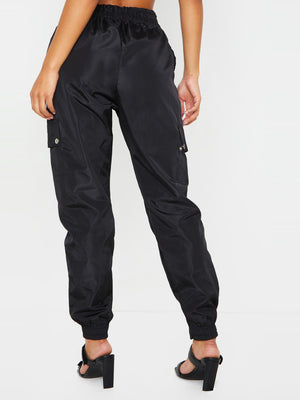 Cuffed Hem Shell Side Pockets Jogger Trouser For Ladies-Black-SP3339